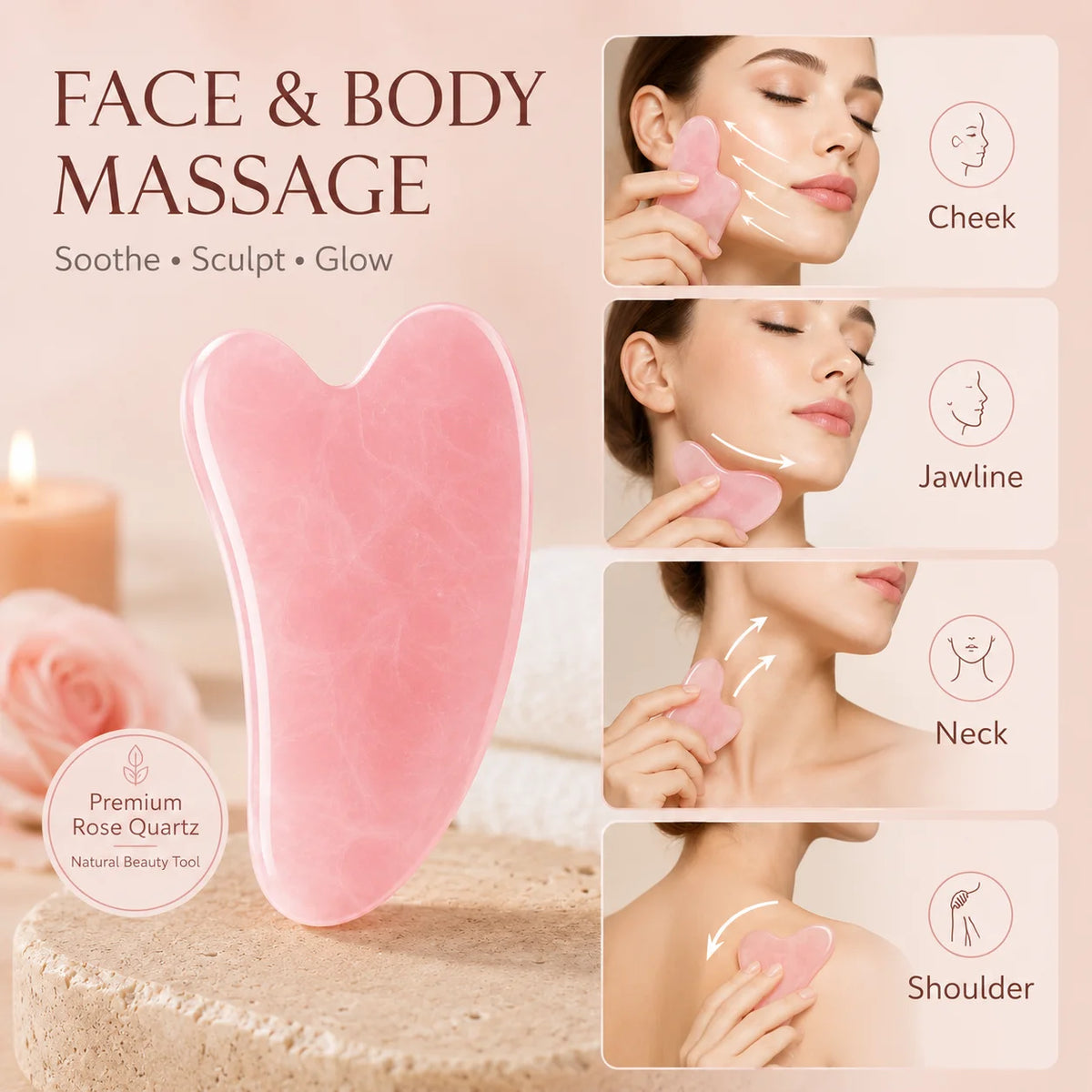 Rosenquarz Gua Sha Herz – Gesichtsmassage-Tool für eine entspannende Beauty-Routine