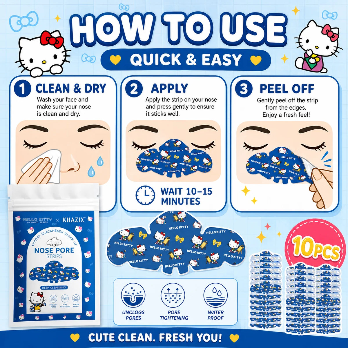 10× Hello Kitty Porenstreifen – Süße Nasenstrips im Kawaii-Design